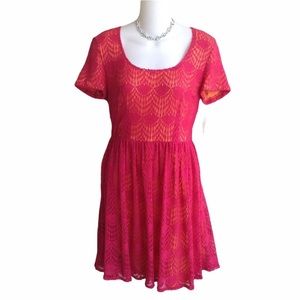 Red Orange Crochet Overlay A-Line Slip Dress 10P